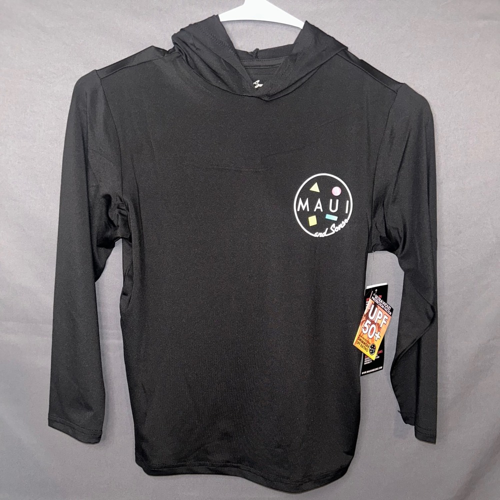 Maui and Sons Kids Black Hooded Sun Shirt UPF 50+ Long Sleeve Rash Guard Small